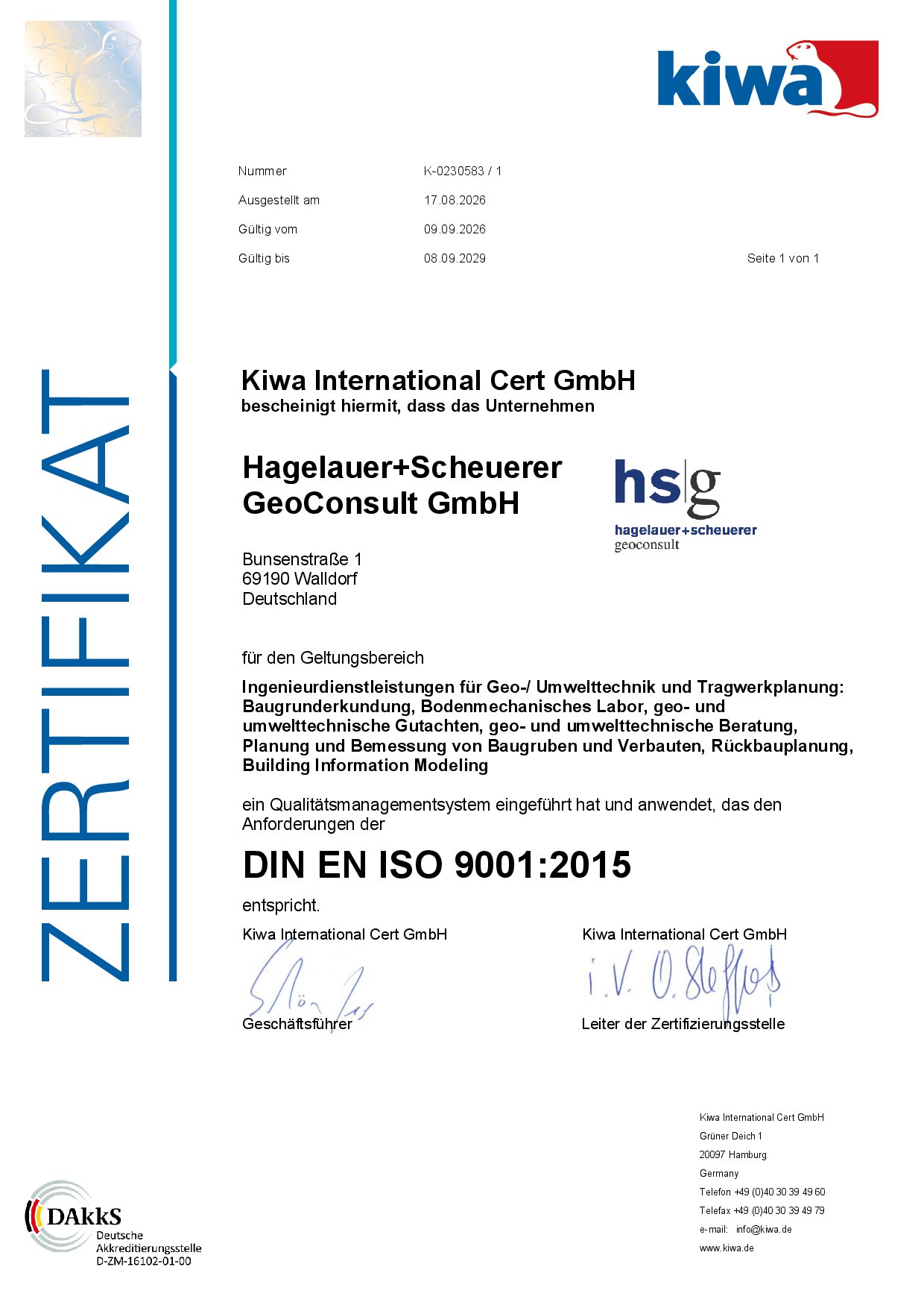 ISO9001:2015-Zertifikat der HSG