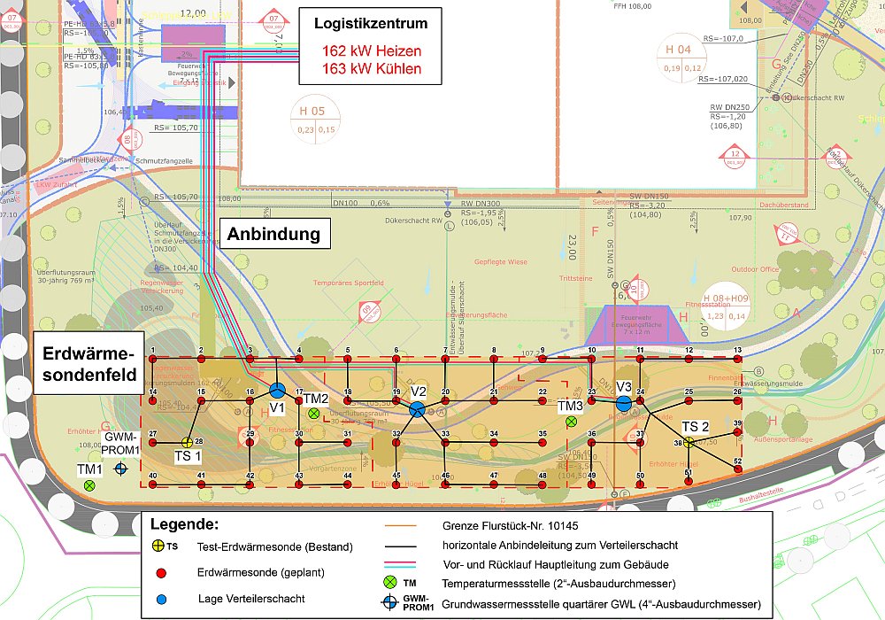 Lageplan Erdwärmesondenfeld für Logistikzentrum